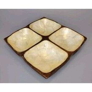 Vtg Capiz Shell Teak Wood Serving Tray Mother of Pearl 4 Section Philippines